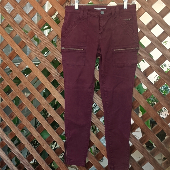 Joie Park Cotton Skinny Cargo Jeans Zipper Pockets & Ankles Burgundy Size 28
